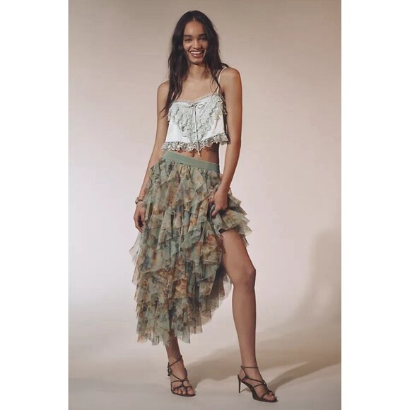 NWT Size XL-Anthro The Chéri Ruffled Tulle Midi Skirt Green Floral (NWT US$ 158) - Picture 1 of 15